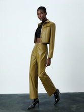 2pcs/Set Women'S Pu Leather Long Sleeve Jacket And Pants